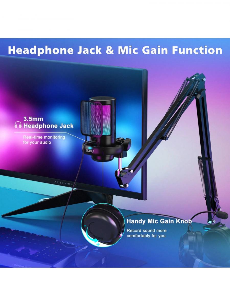 Njsj черный USB игровой микрофон с RGB подсветкой и функцией отключения звука