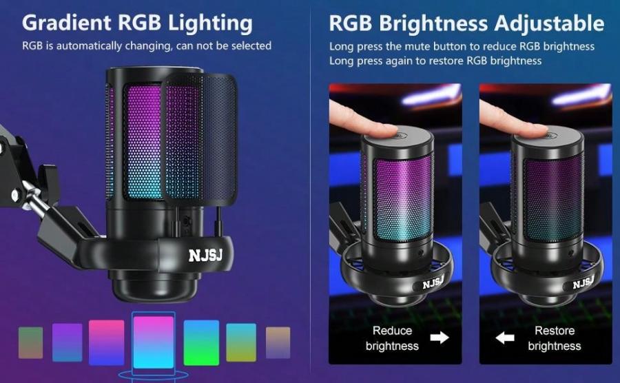 Njsj черный USB игровой микрофон с RGB подсветкой и функцией отключения звука