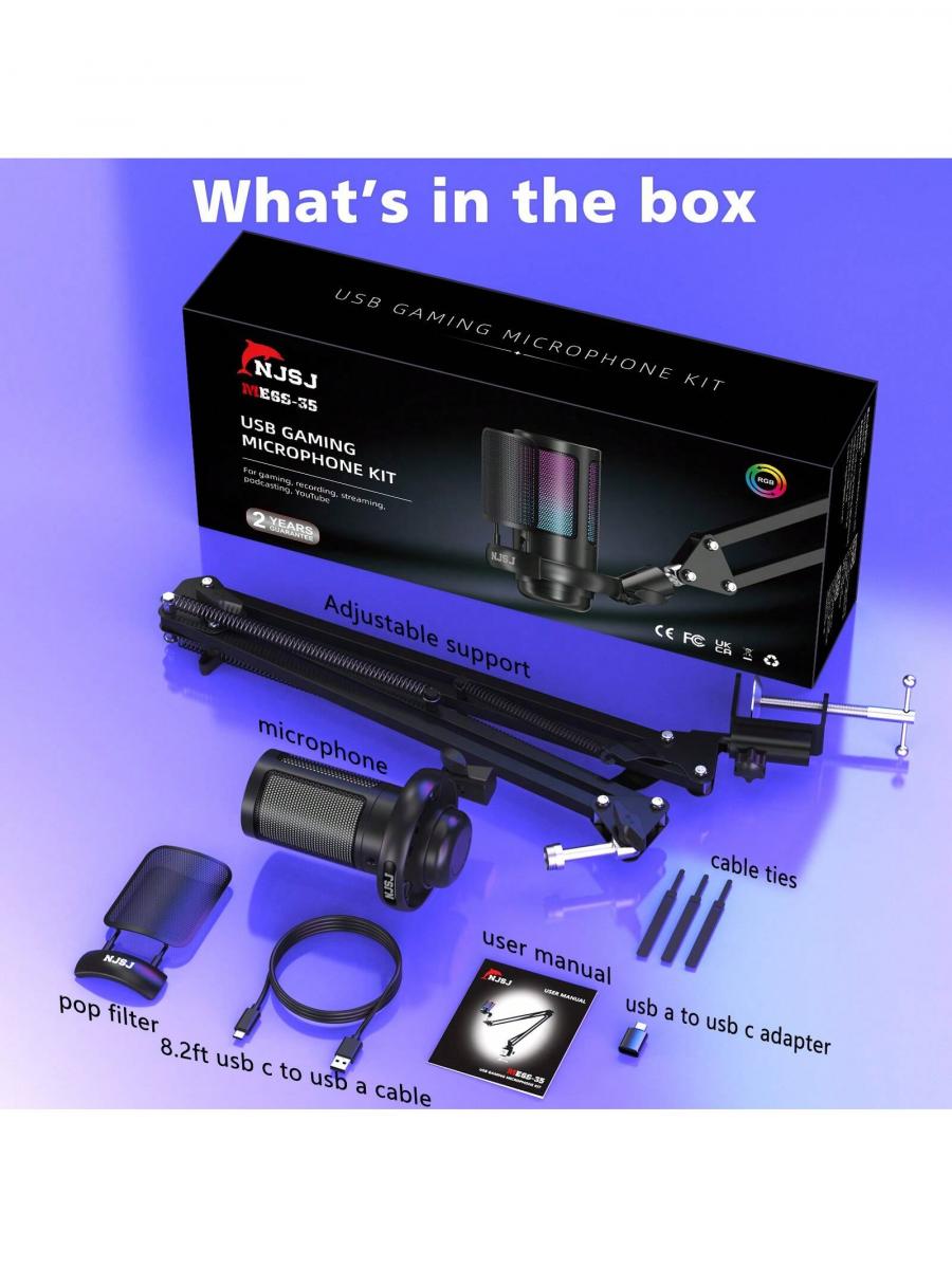 Njsj черный USB игровой микрофон с RGB подсветкой и функцией отключения звука