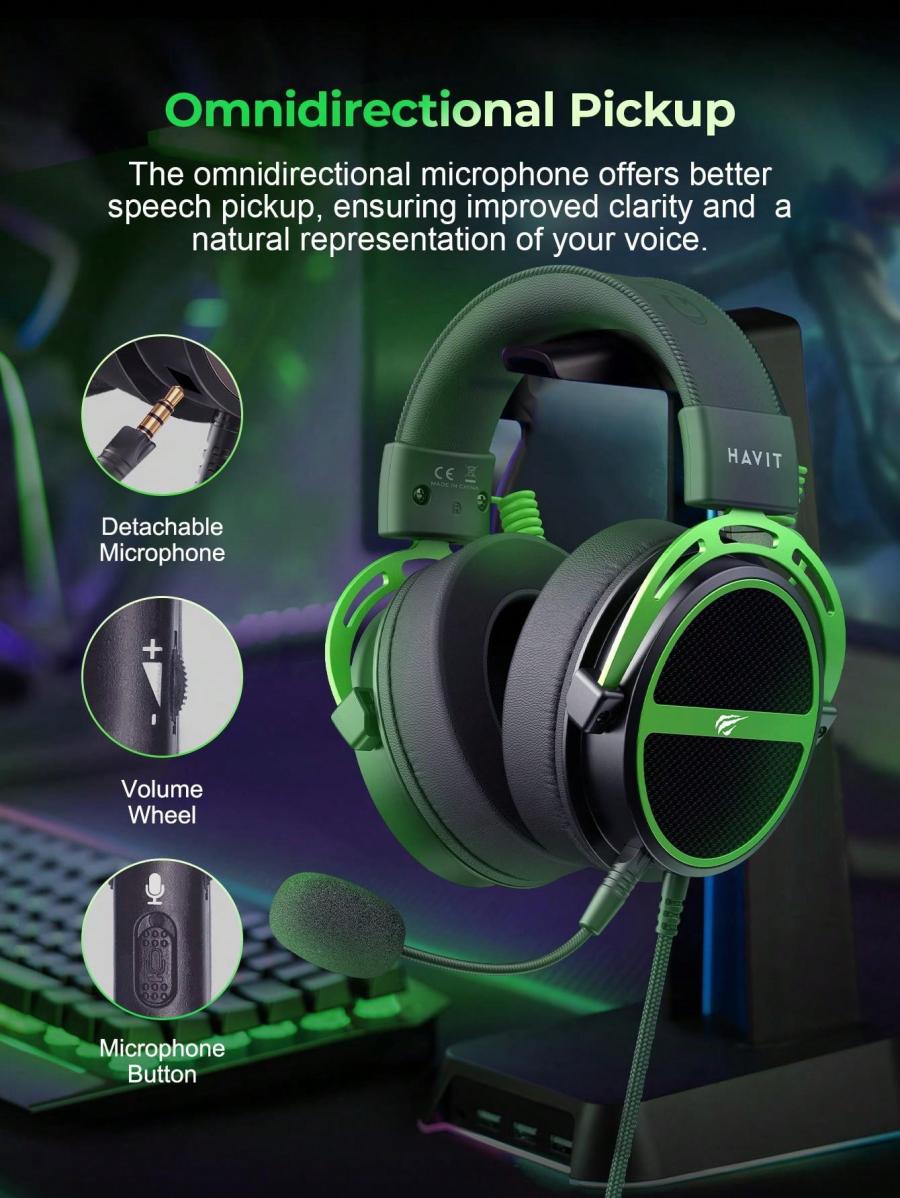 HAVIT H2030E Gaming Headset Detachable Mic Immersive Sound Green
