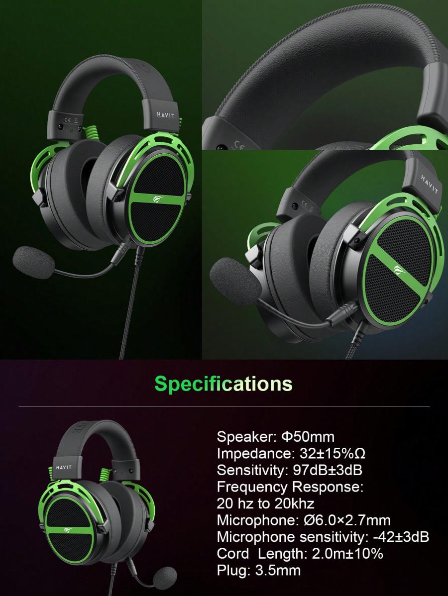 HAVIT H2030E Gaming Headset Detachable Mic Immersive Sound Green