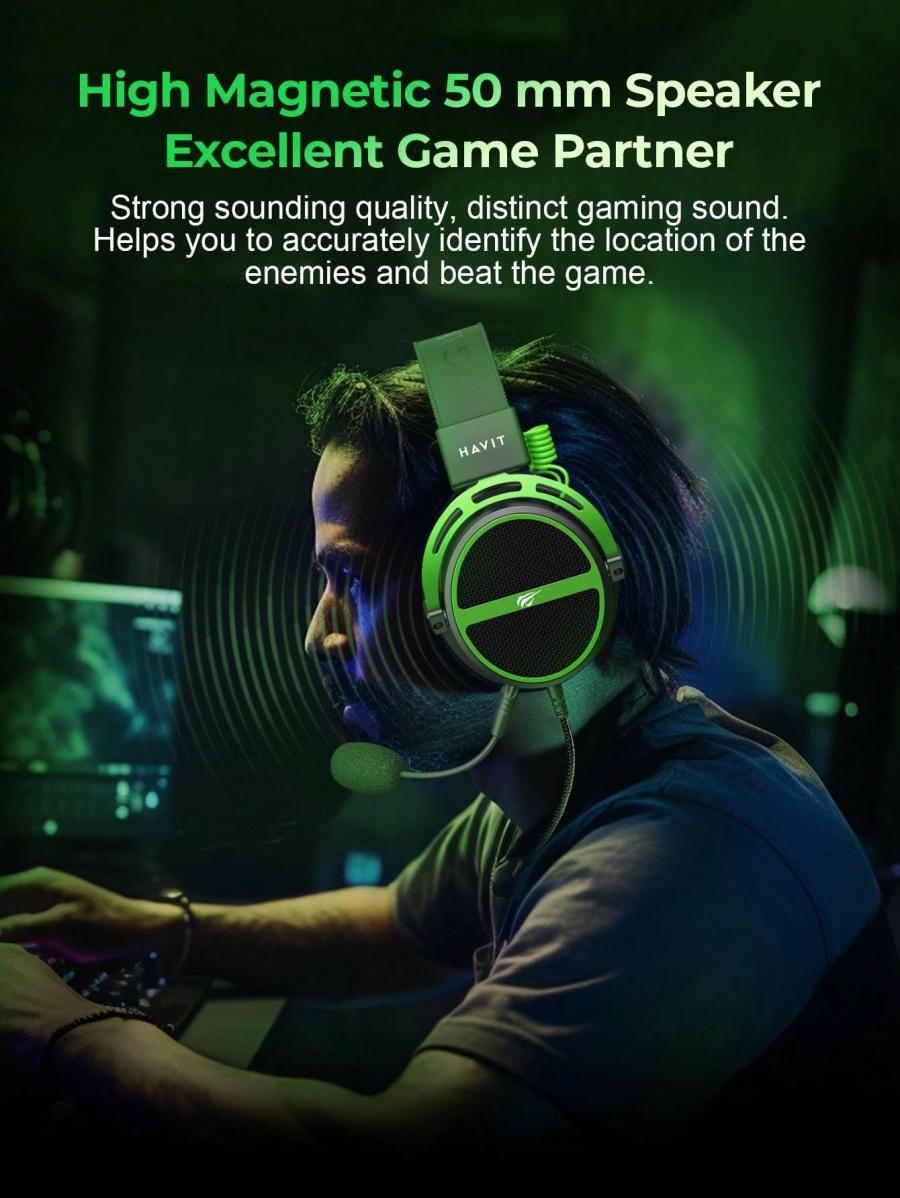 HAVIT H2030E Gaming Headset Detachable Mic Immersive Sound Green