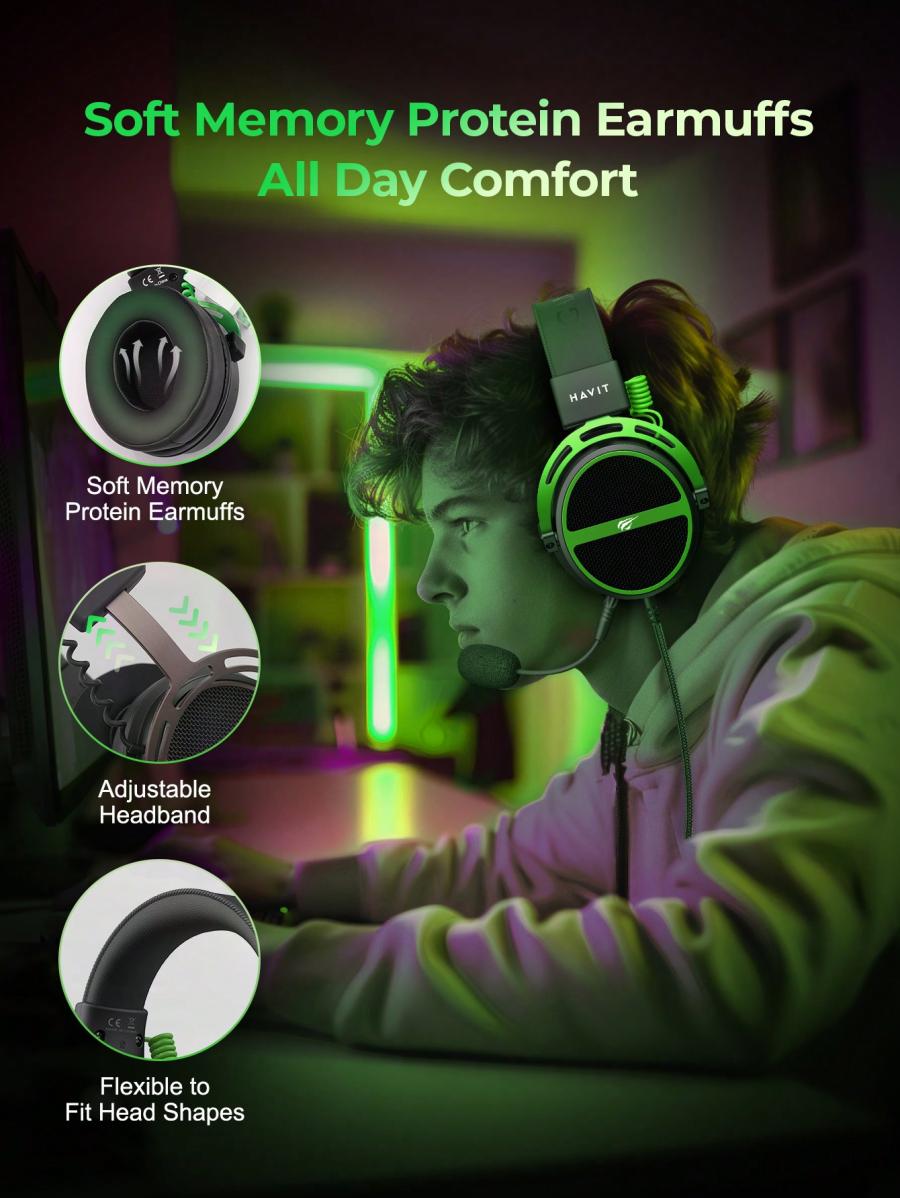 HAVIT H2030E Gaming Headset Detachable Mic Immersive Sound Green