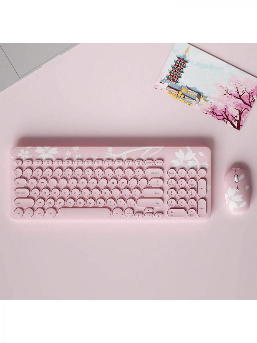 Sakura Pink Wireless Keyboard Mouse Combo Retro Typewriter Style