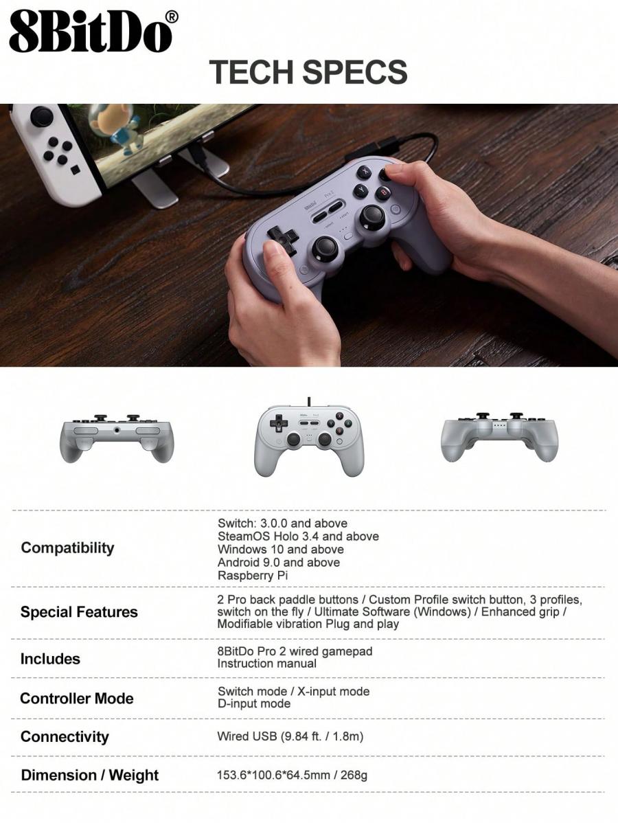 8bitdo Switch Controller Pro 2 Wired Gamepad for Multiple Devices
