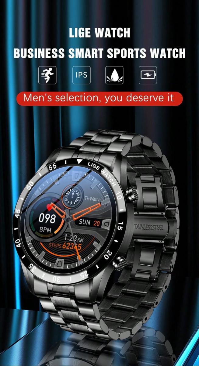 LIGE Luxury Smart Watch Men Fitness Tracker Steel Band Heart Rate Monitor