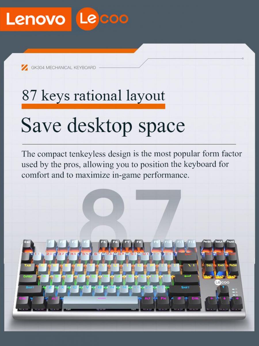 Проводная игровая клавиатура Lenovo GK304 с 87 клавишами и радужной светодиодной подсветкой