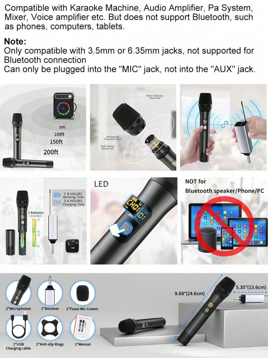 Dual Wireless Karaoke Microphone System with Rechargeable Receiver 200ft