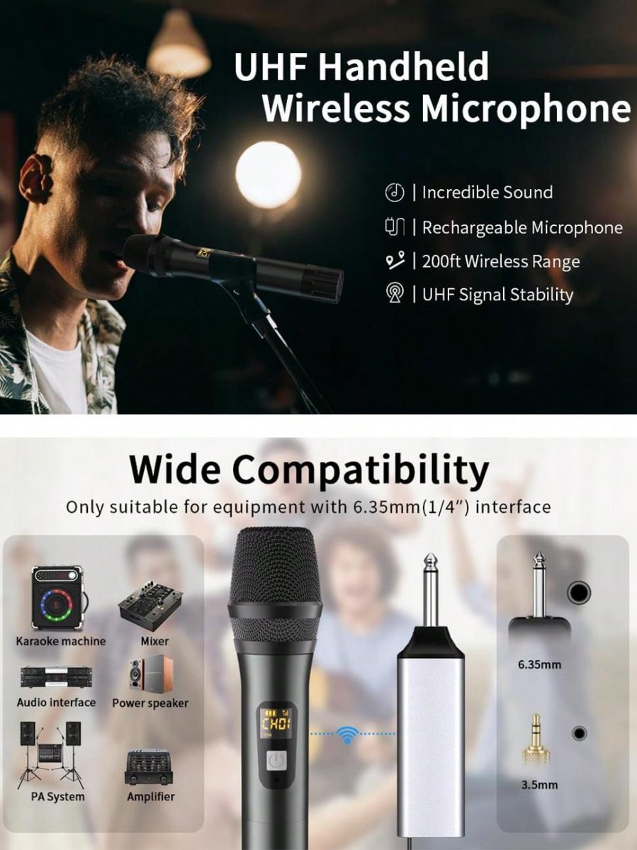 Dual Wireless Karaoke Microphone System with Rechargeable Receiver 200ft