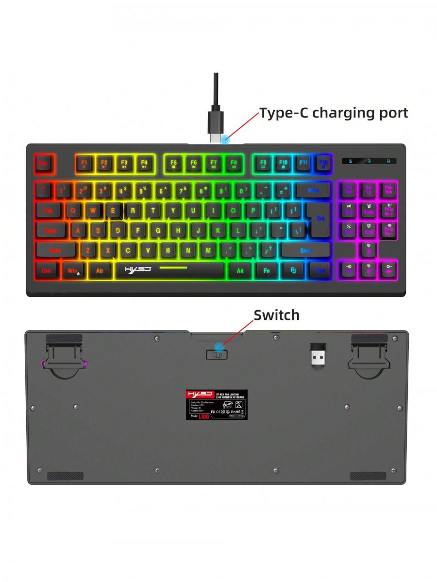 Перезаряжаемая беспроводная эргономичная клавиатура с RGB-подсветкой для ПК и ноутбука