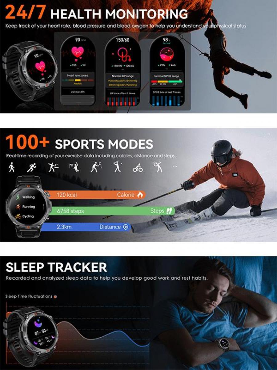 Smart Calling Rugged Watch HD Fitness Tracker Men 1pc Black Strap