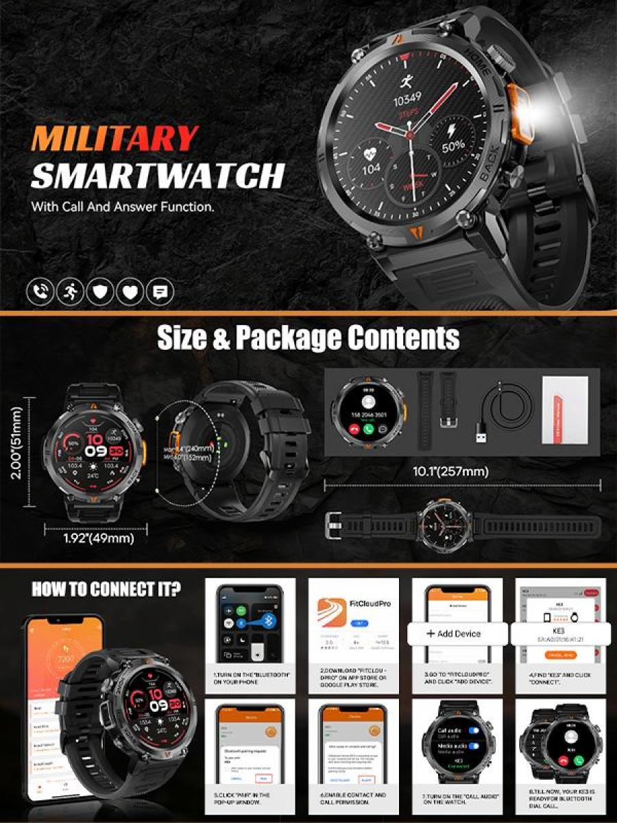 Smart Calling Rugged Watch HD Fitness Tracker Men 1pc Black Strap
