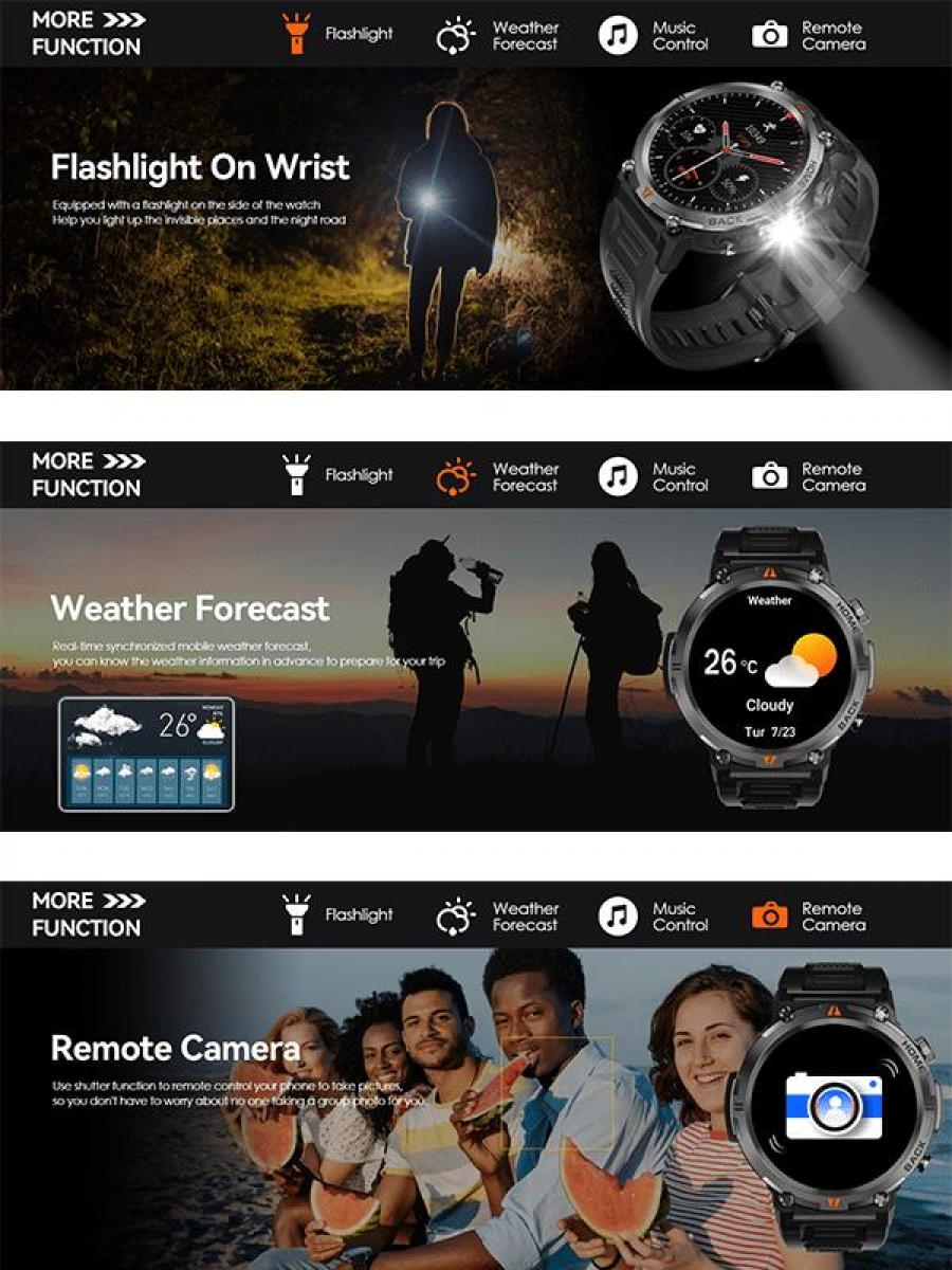 Smart Calling Rugged Watch HD Fitness Tracker Men 1pc Black Strap