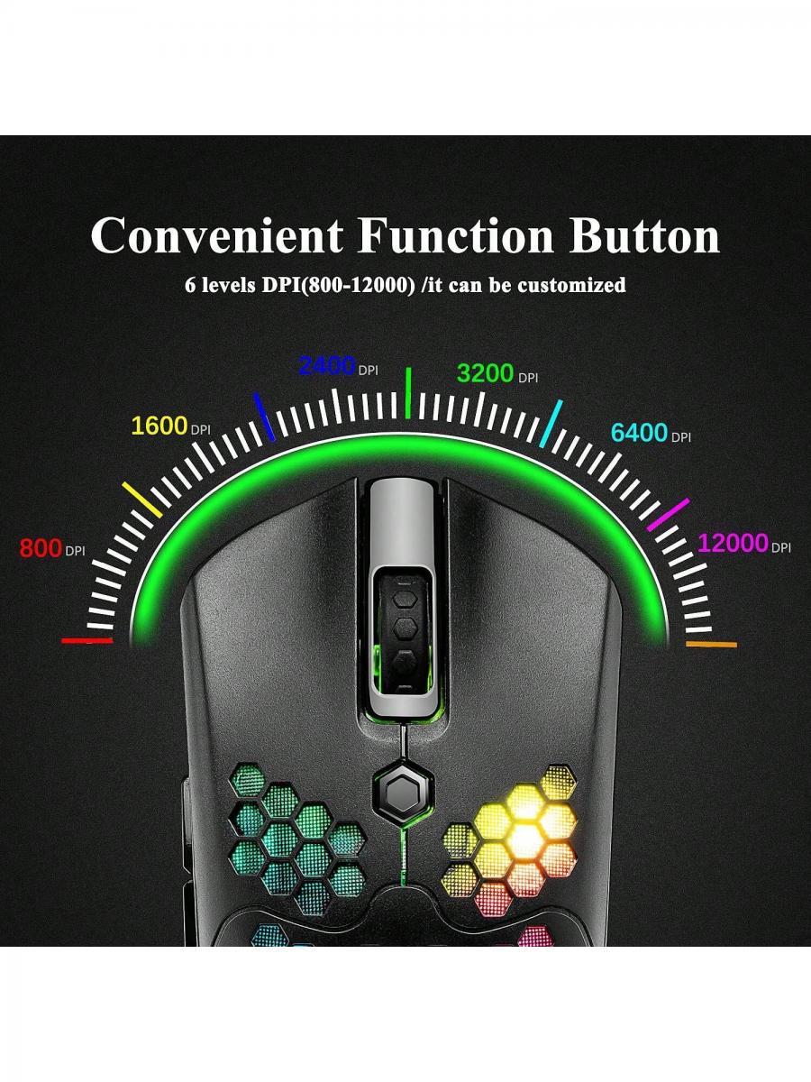 Lightweight Rechargeable RGB Gaming Mouse 12000DPI Honeycomb Design