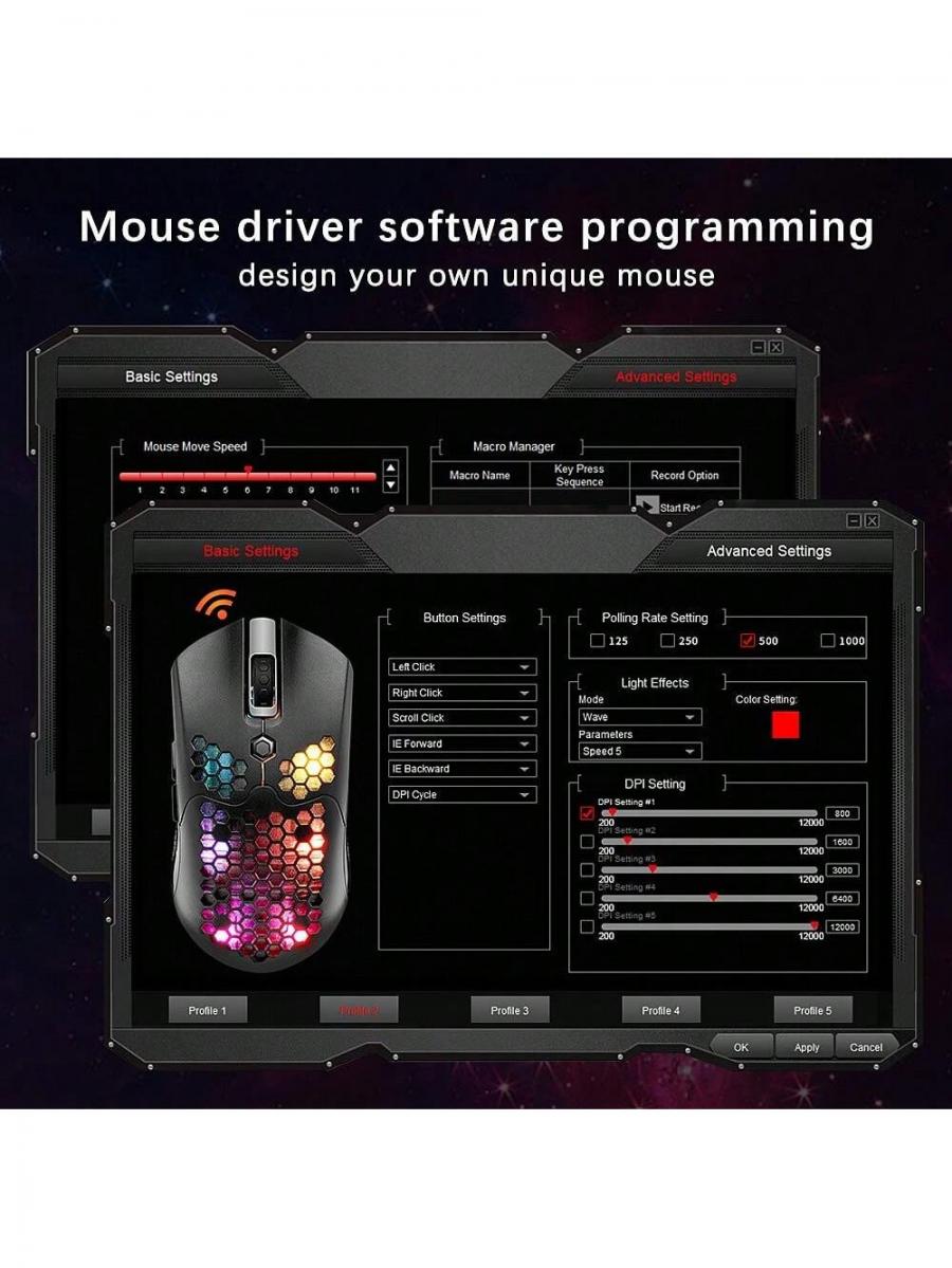 Lightweight Rechargeable RGB Gaming Mouse 12000DPI Honeycomb Design
