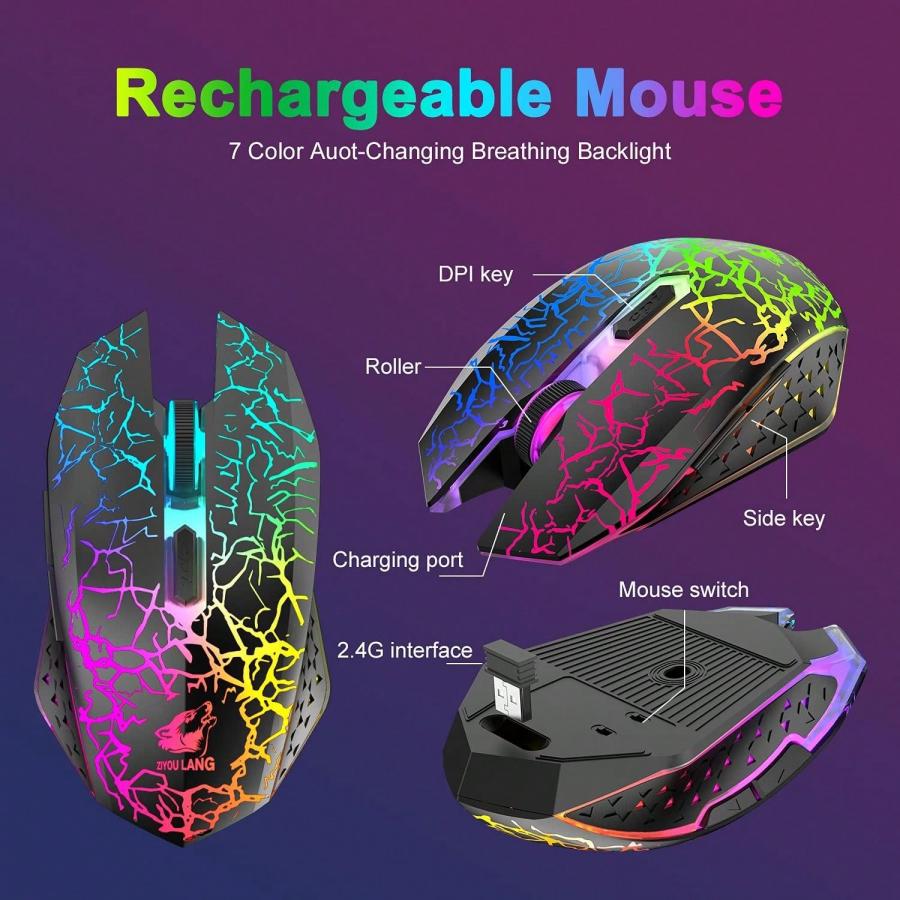 Rainbow Backlit Wireless Gaming Keyboard Mouse Combo Ergonomic RGB