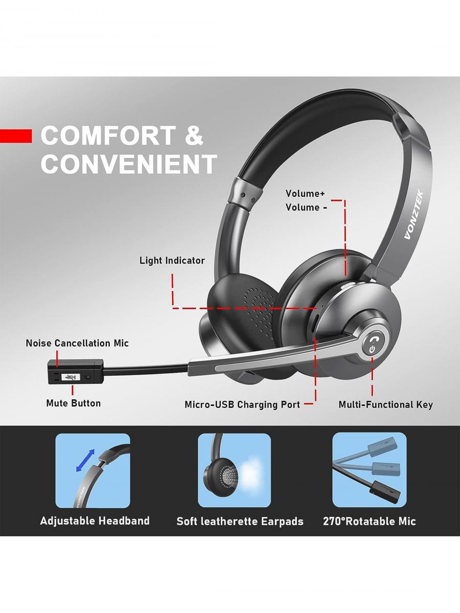 Wireless Bluetooth Headset with AI Noise Canceling Microphone