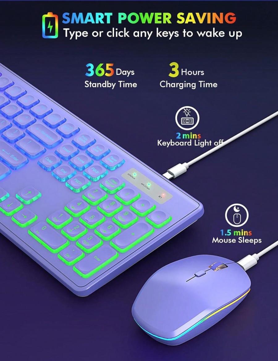 Беспроводная клавиатура и мышь Purple RGB Combo, перезаряжаемые, полноразмерные