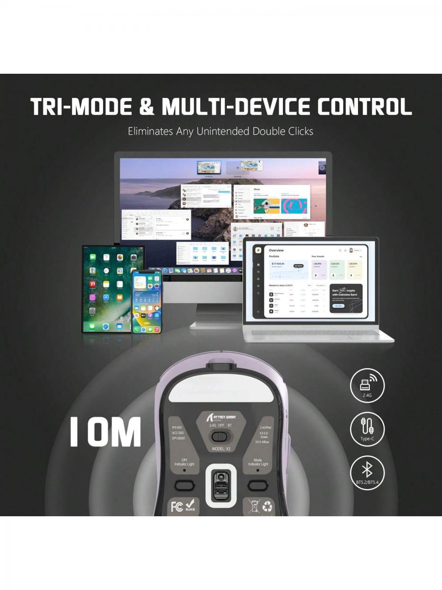X3 Lightweight Wireless Gaming Mouse Tri Mode USB C Bluetooth 26K DPI