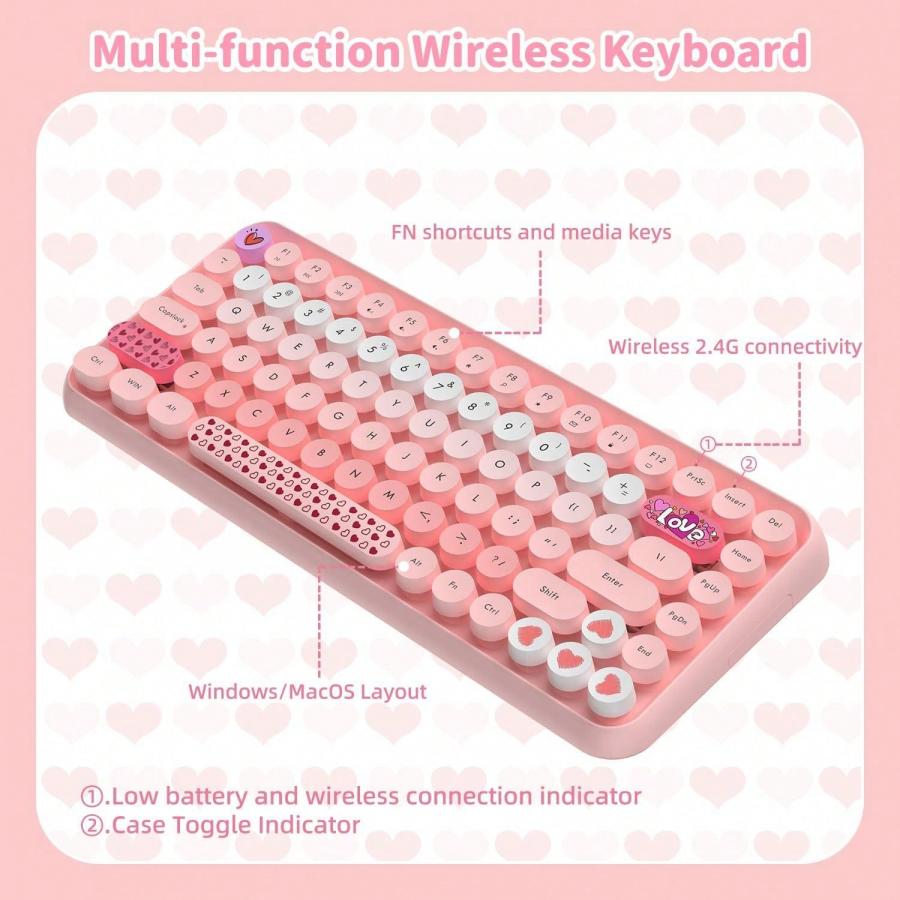 308i Pink Wireless Keyboard Mouse Set Retro Typewriter Gradient Keys