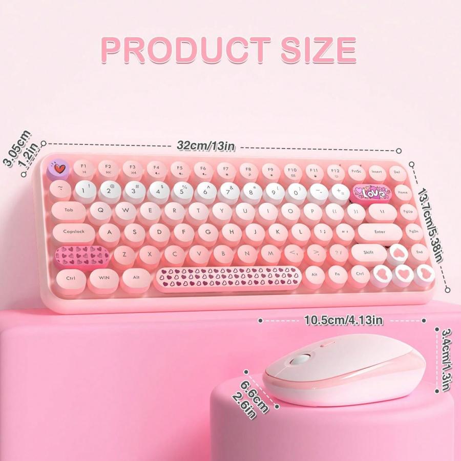 308i Pink Wireless Keyboard Mouse Set Retro Typewriter Gradient Keys