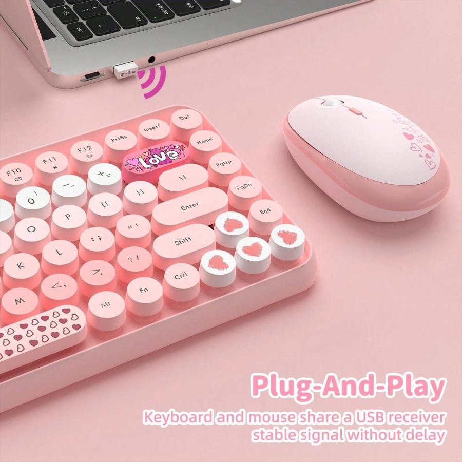 308i Pink Wireless Keyboard Mouse Set Retro Typewriter Gradient Keys