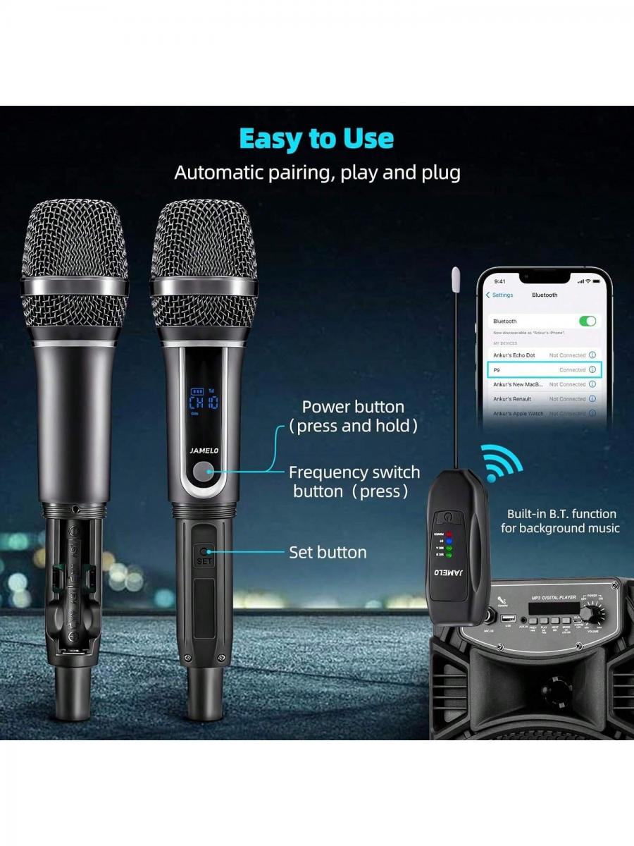 JAMELO UHF Kabelloses Karaoke-Mikrofonsystem mit Dual-Mikrofon-Set