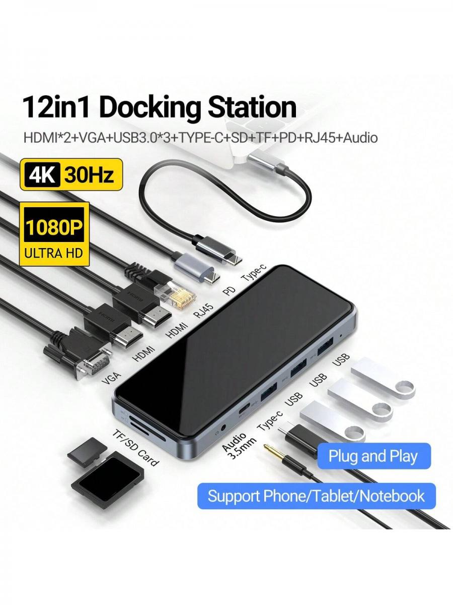 USB C Dual HDMI Adapter 12 in 1 Docking Station for Type C Devices