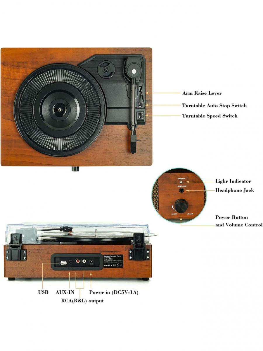 Bluetooth Vinyl Record Player Turntable with Speakers and USB Output