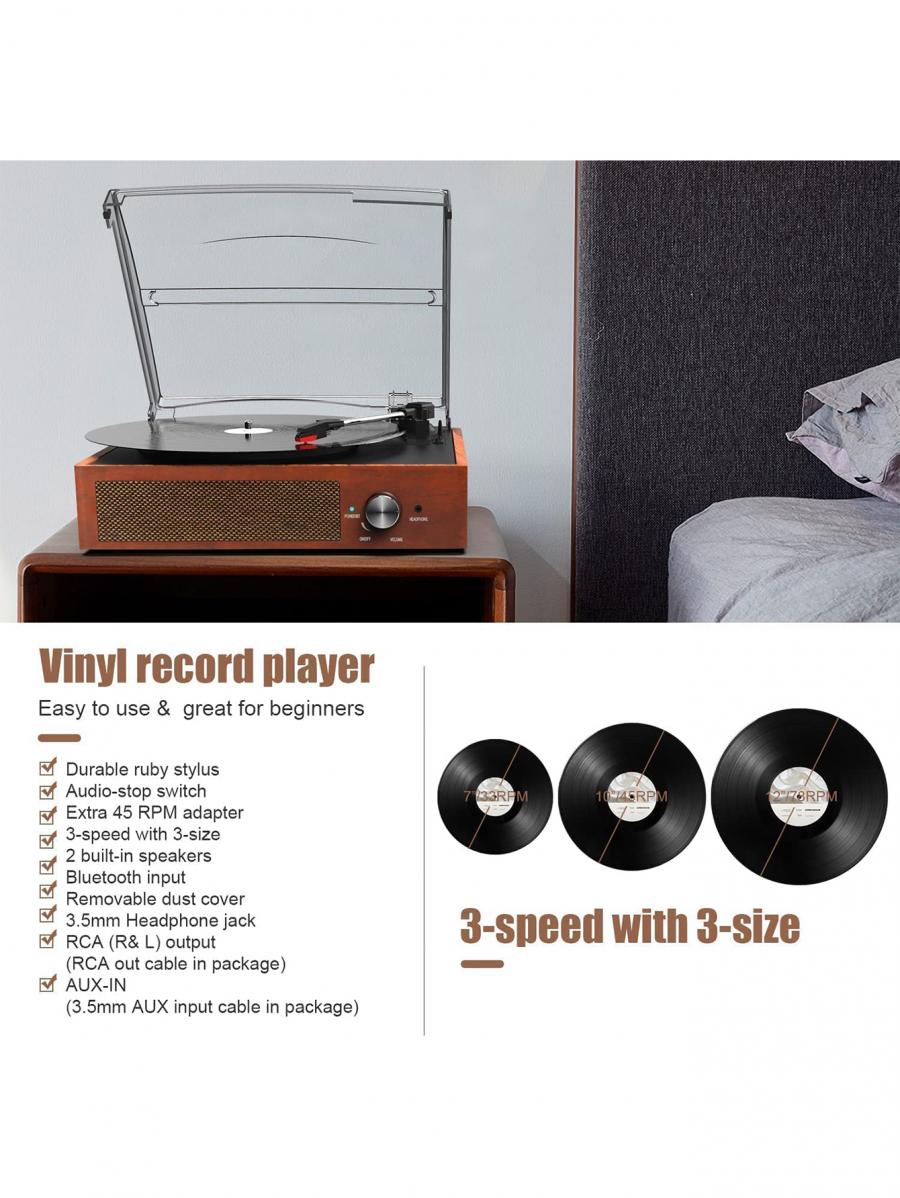 Bluetooth Vinyl Record Player with Stereo Speakers Portable Retro Turntable