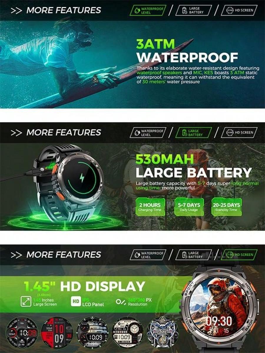 Rugged Smart Watch 3ATM Waterproof Fitness Tracker with Compas