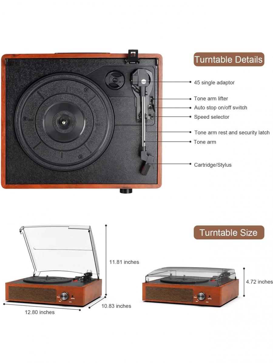 Bluetooth Vinyl Record Player with Stereo Speakers Portable Retro Turntable