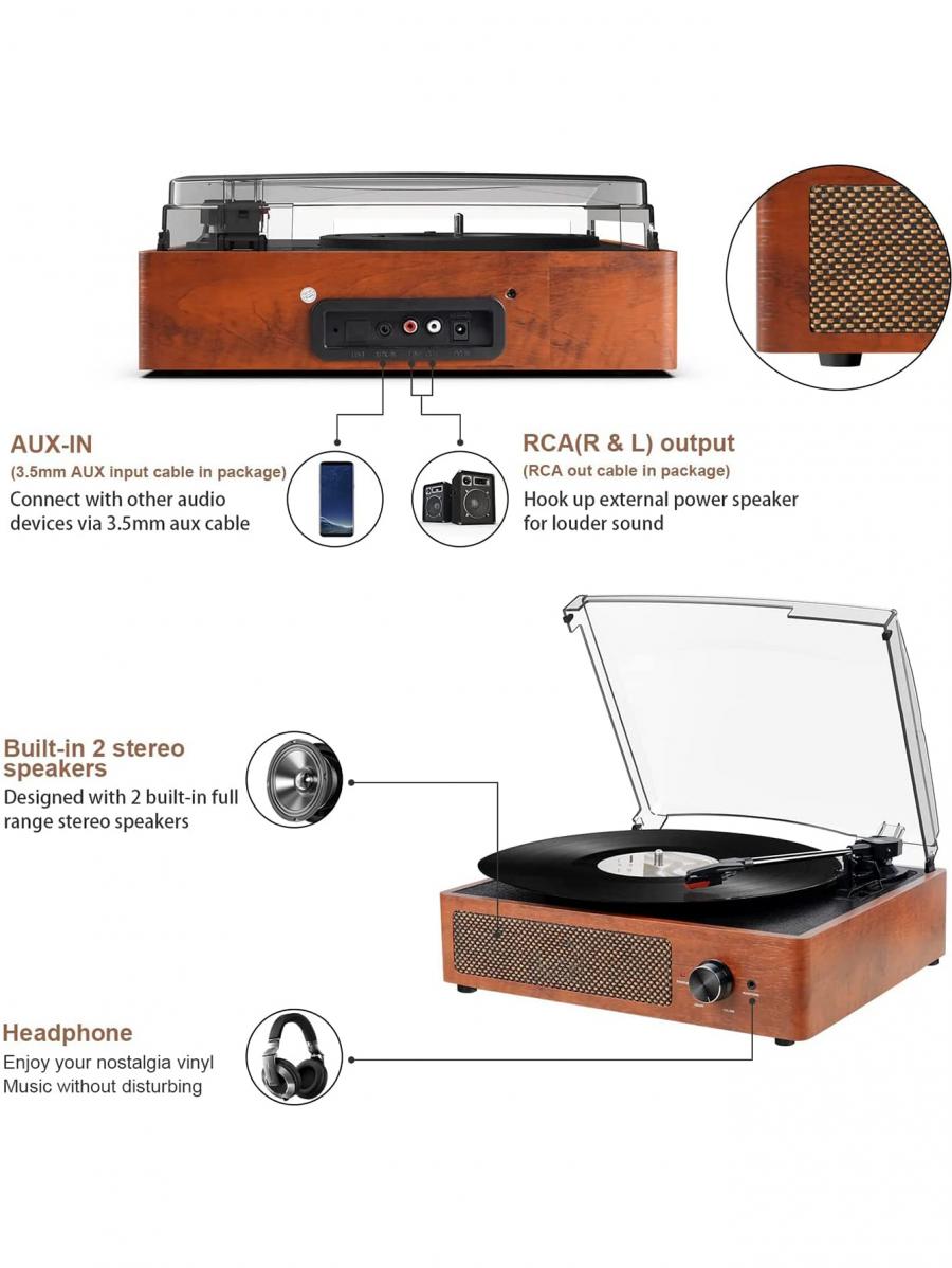 Bluetooth Vinyl Record Player with Stereo Speakers Portable Retro Turntable
