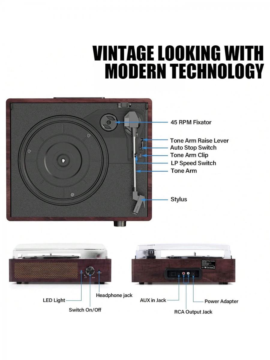 Bluetooth Vinyl Record Player Vintage Turntable with Stereo Speakers