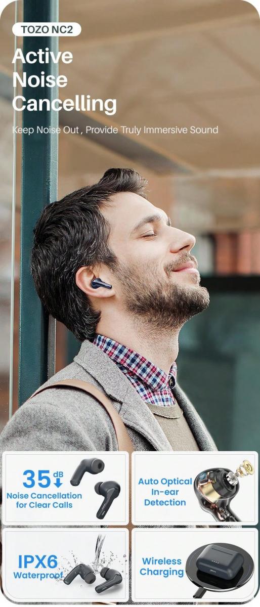 TOZO NC2 Hybrid Active Noise Cancelling Wireless Earbuds