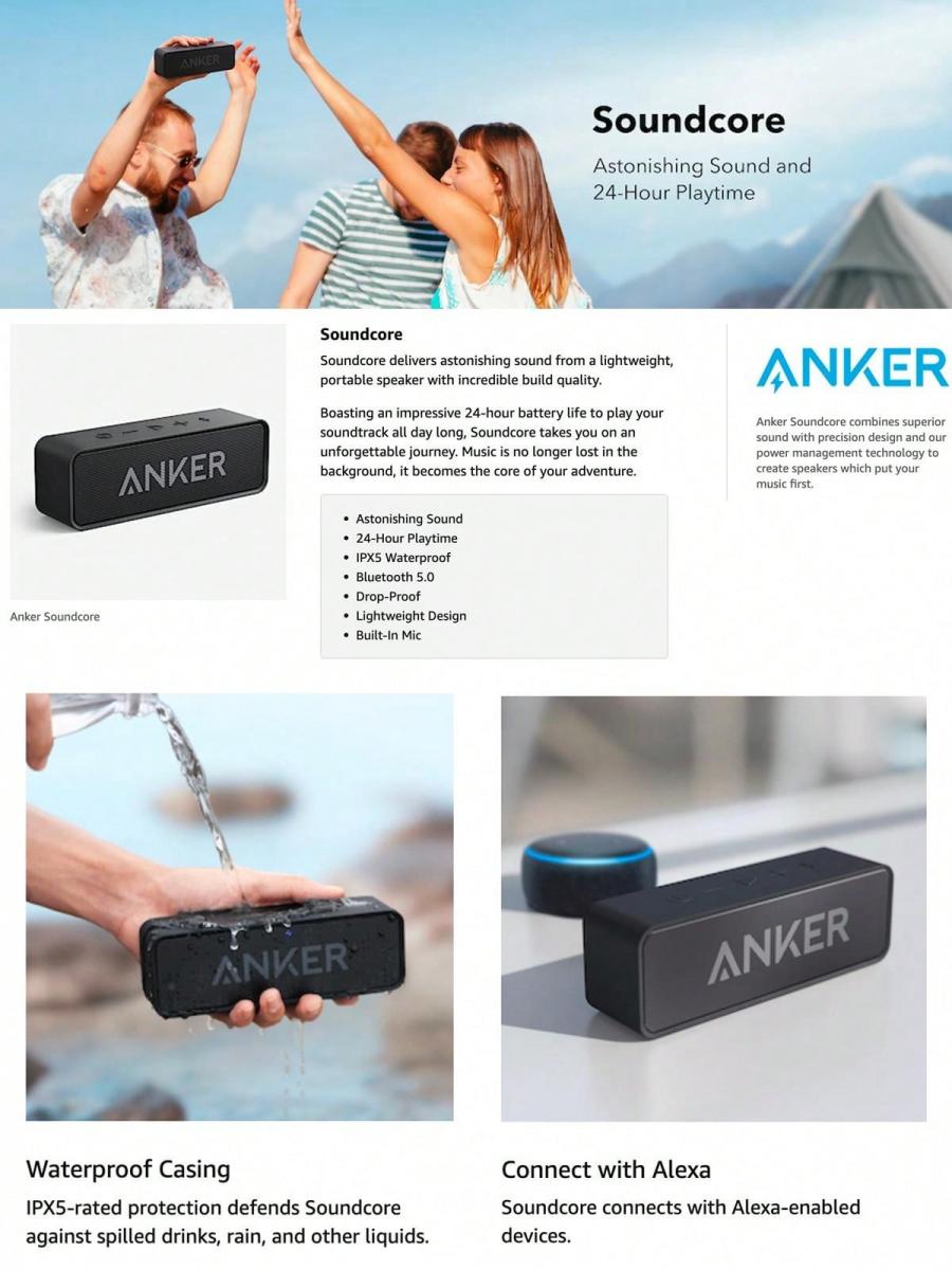 Anker Soundcore Bluetooth Speaker IPX5 Waterproof 24H Playtime