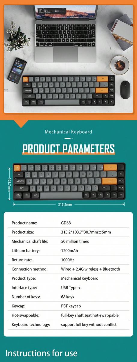 Aigo Darkflash GD68 Wireless Bluetooth Gaming Keyboard Mouse Set
