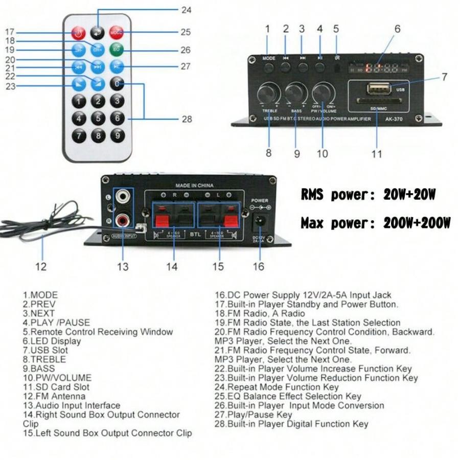 400W Hi Fi Car Audio Amplifier Bluetooth Stereo MP3 Enhanced Sound