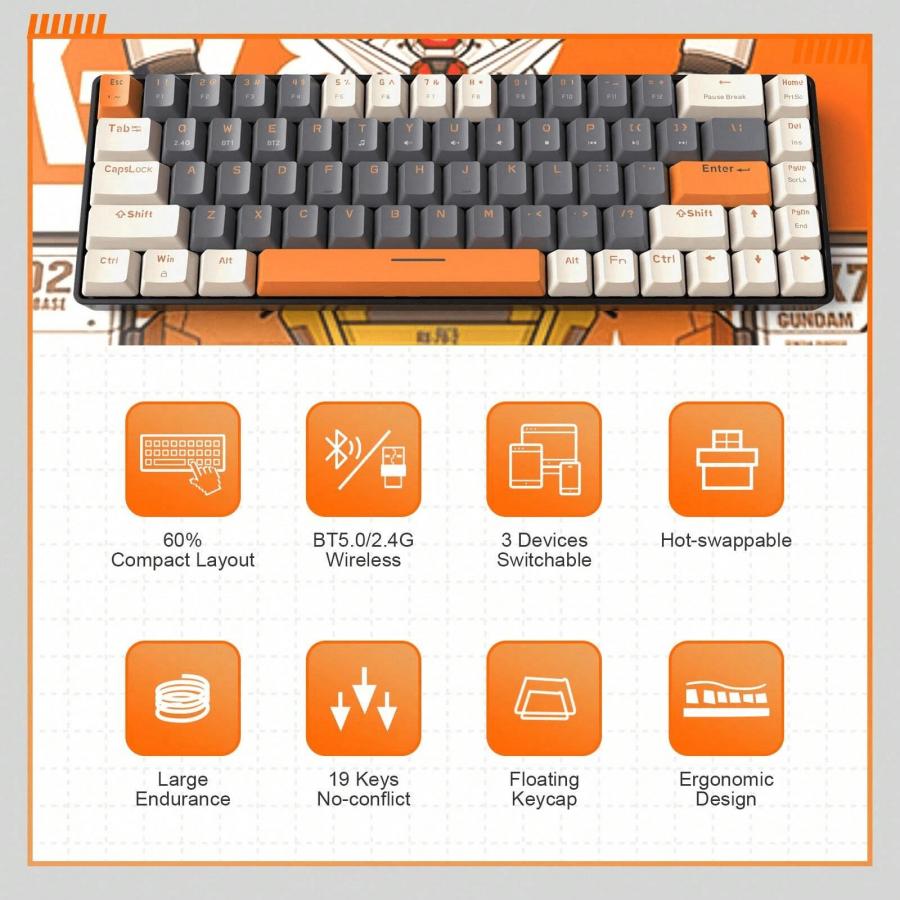 Magic Refiner RK68 Wireless Mechanical Keyboard 60 Percent Gaming Keyboard