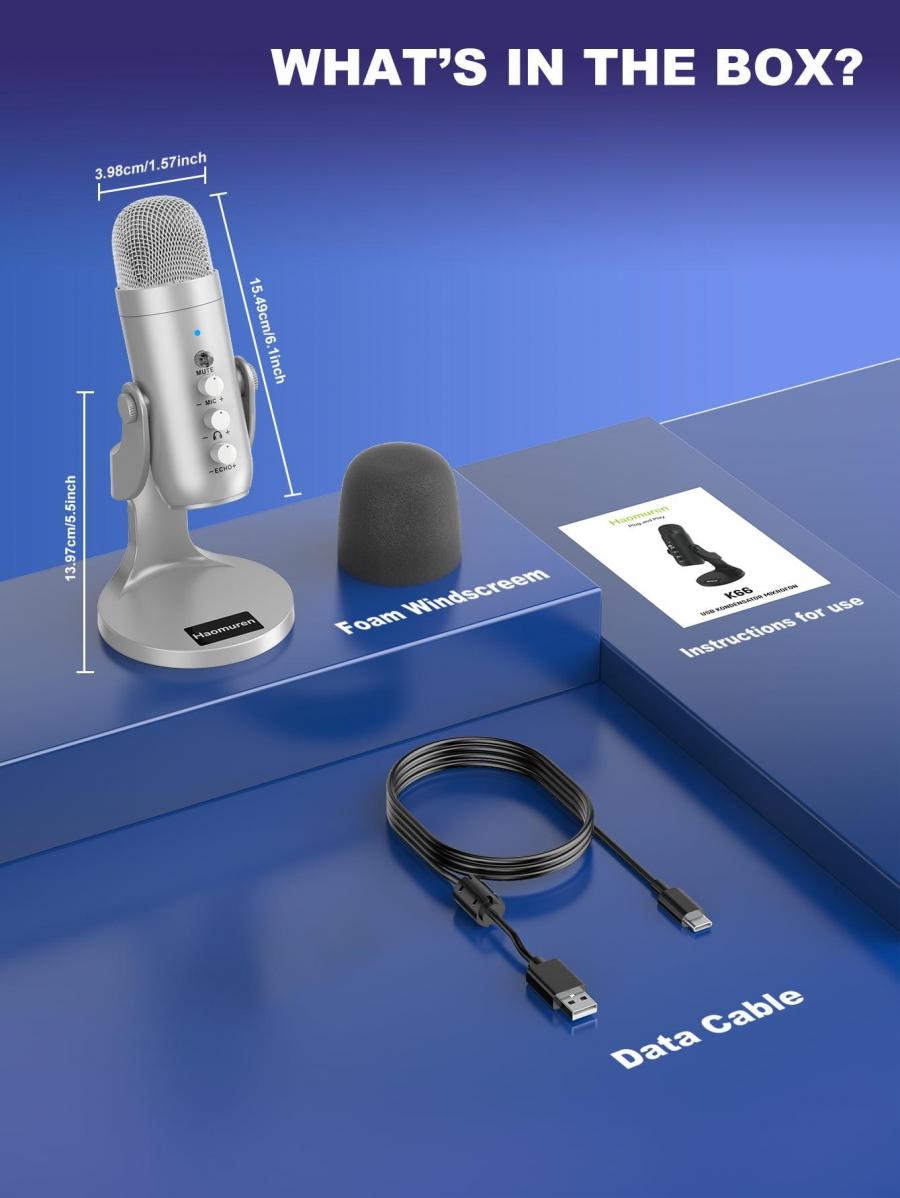 Конденсаторный USB-микрофон Haomuren для игр и подкастов, серебристый