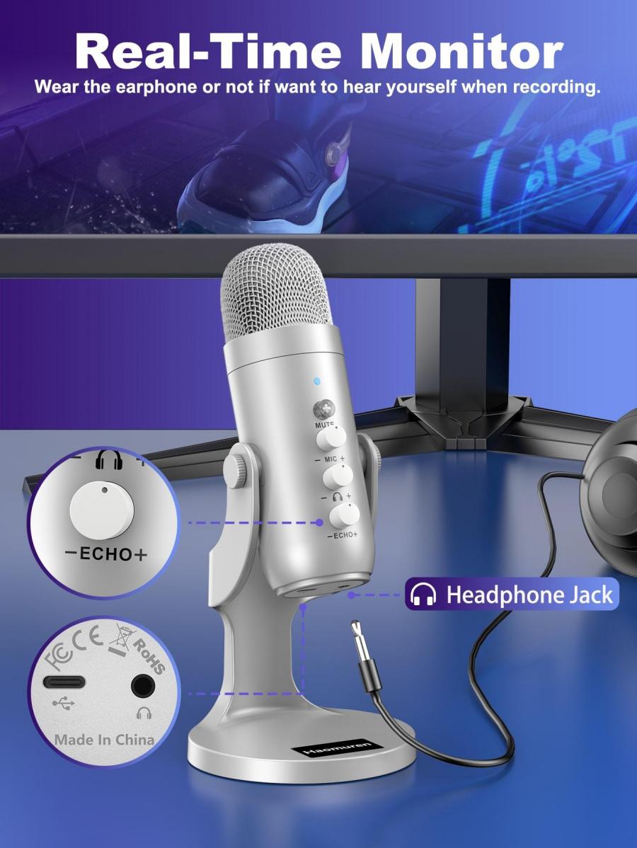 Конденсаторный USB-микрофон Haomuren для игр и подкастов, серебристый