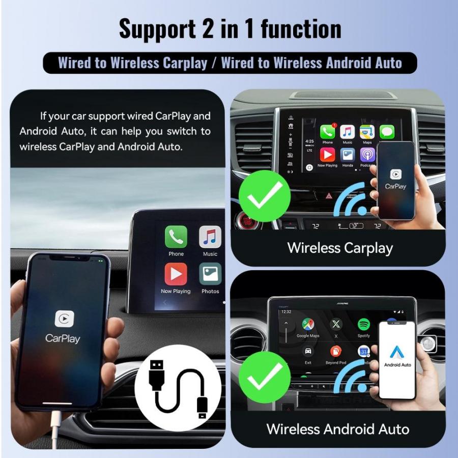 2in1 Wireless CarPlay and Android Auto Dongle for Most Cars