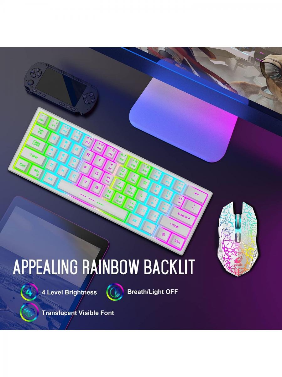 Rainbow Backlit Wireless Gaming Keyboard Mouse Combo 61 Keys Ergonomic