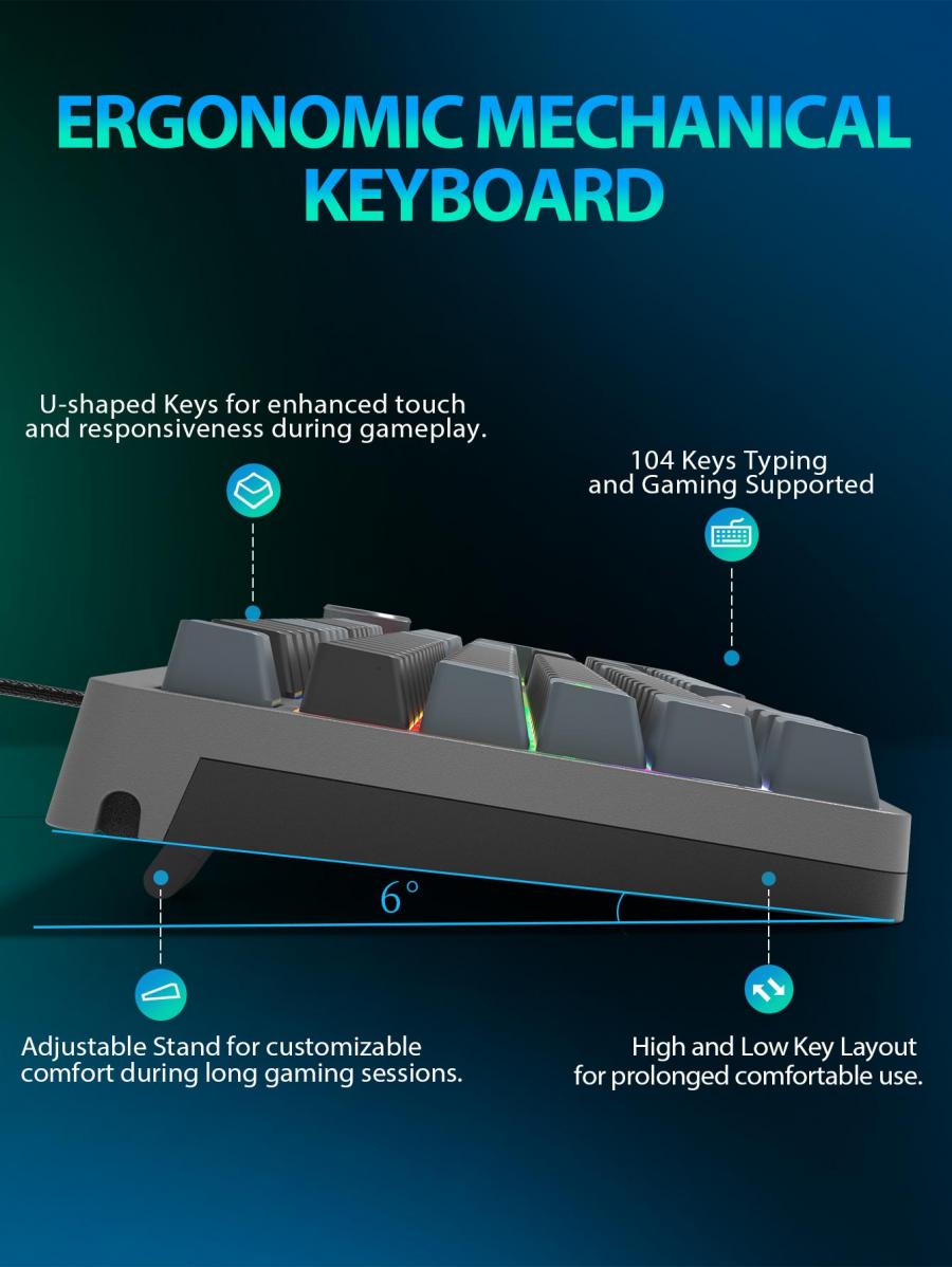 Taiahiro Mechanische Gaming-Tastatur, 104 Tasten, RGB-Hintergrundbeleuchtung, Klickfunktion, Grau/Schwarz