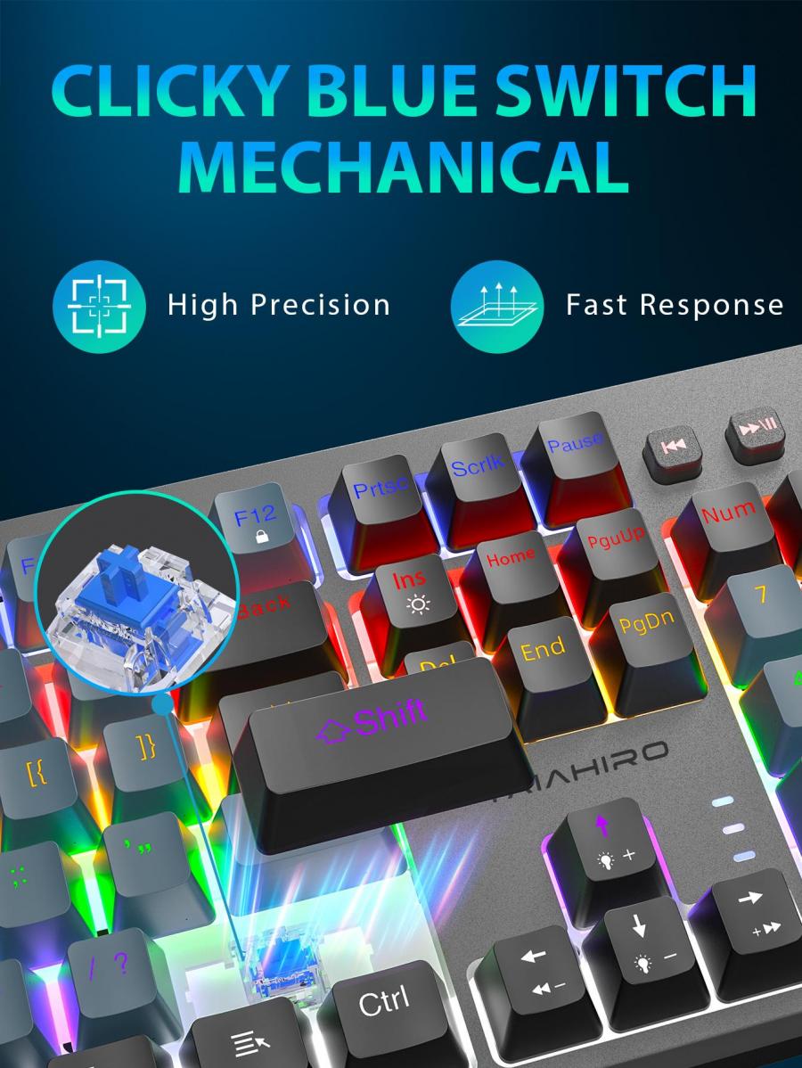 Taiahiro Mechanische Gaming-Tastatur, 104 Tasten, RGB-Hintergrundbeleuchtung, Klickfunktion, Grau/Schwarz