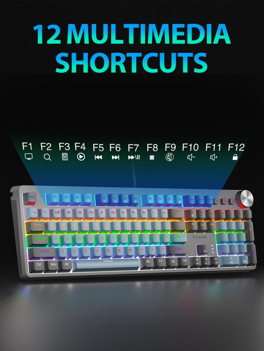 Taiahiro Mechanische Gaming-Tastatur, 104 Tasten, RGB-Hintergrundbeleuchtung, Klickfunktion, Grau/Schwarz