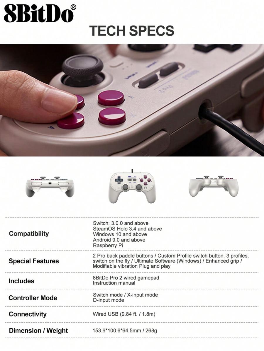 8bitdo Pro 2 Wired Gamepad for Switch Lite PC Android Raspberry Pi