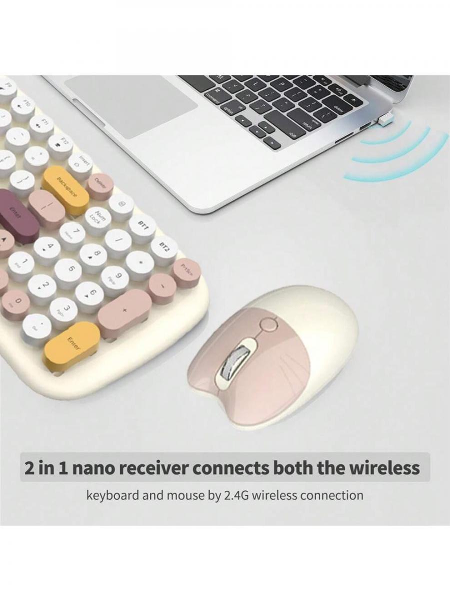 JOMMA Cute Wireless Keyboard Mouse Set Circular Keycap for PC Laptop White