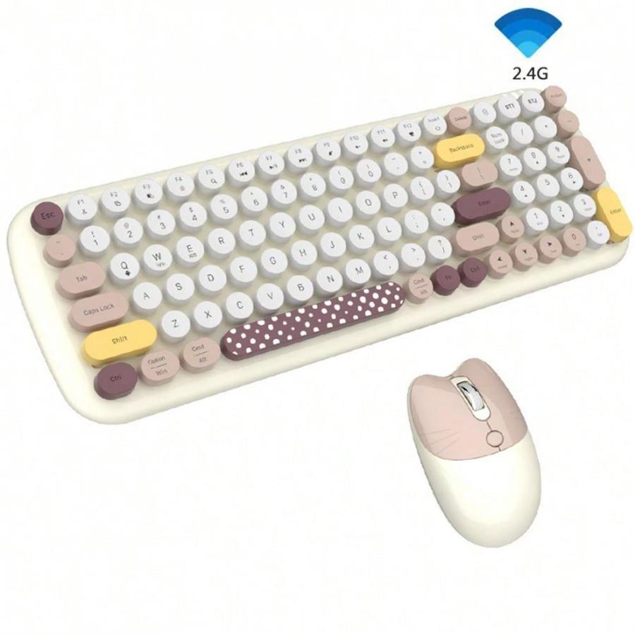 JOMMA Cute Wireless Keyboard Mouse Set Circular Keycap for PC Laptop White
