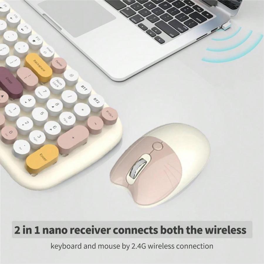 JOMMA Cute Wireless Keyboard Mouse Set Circular Keycap for PC Laptop White
